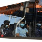 Foto Nicoloro G.   14/06/2025   Ravenna   E' approdata nel porto di Ravenna la nave ong Solidaire con a bordo 76 migranti tutti uomini di cui 14 minori non accompagnati. I paesi di provenienza sono per la maggior parte Bangladesh, Marocco e Egitto. A questi si aggiungono migranti provenienti da Siria, Eritrea, Etiopia, Yemen e Libia. nella foto i migranti vengono portati in autobus in una struttura dove saranno sottoposti ad accurate visite mediche e all' identificazione da parte della Polizia di Stato.