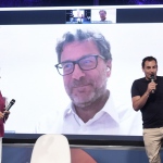 Foto Nicoloro G.   02/08/2023   Cervia ( RA )   Giornata conclusiva della Festa della Lega Romagna.   nella foto da sinistra la giornalista Lucia Annunziata, il ministro Giancarlo Giorgetti in collegamento video e il segretario della Lega Romagna Jacopo Morrone.