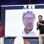 Foto Nicoloro G.   02/08/2023   Cervia ( RA )   Giornata conclusiva della Festa della Lega Romagna.   nella foto da sinistra la giornalista Lucia Annunziata, il ministro Giancarlo Giorgetti in collegamento video e il segretario della Lega Romagna Jacopo Morrone.