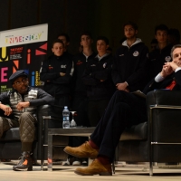 Foto Nicoloro G.  11/12/2014    Milano   In occasione della rassegna \" Universiday \", tra cinema e sport, ospite d\' onore all\' Università Bocconi il regista Spike Lee. nella foto il regista Spike Lee e dietro i giovani cestisti dell\' Armani Basket.
