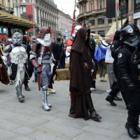 Foto Nicoloro G.   03/05/2015  Milano   Si è svolto lo " Star Wars Day " che ha richiamato una moltitudine di appassionati della saga cinematografica di fantascienza di Star Wars. nella foto lungo il corteo della parata che ha attraversato il centro della città.