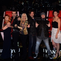 Foto Nicoloro G.  10/03/2014  Milano   Presentazione della seconda edizione della trasmissione di Rai 2 " The Voice of Italy ". nella foto da sinistra Noemi, Piero Pelù, Raffaella Carrà , Federico Russo, J-Ax e Valentina Correani.