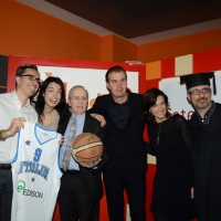 Foto Nicoloro G. 13/11/2013 Milano Ospiti della trasmissione su Radio2 ” Caterpillar AM – La Sfida ”. nella foto Filippo Solibello – Natascha Lusenti – Dan Peterson – Simone Pianigiani – Cinzia Poli – Marco Ardemagni  