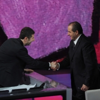 Foto Nicoloro G. 28/01/2012 Milano Trasmissione televisiva su Rai3 ” Che tempo che fa ” condotta da Fabio Fazio. nella foto Fabio Fazio – Antonio Di Pietro