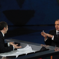 Foto Nicoloro G. 28/01/2012 Milano Trasmissione televisiva su Rai3 ” Che tempo che fa ” condotta da Fabio Fazio. nella foto Fabio Fazio – Antonio Di Pietro