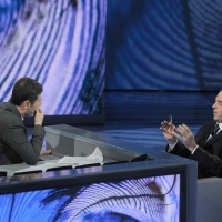 Foto Nicoloro G. 05/03/2011 Milano Trasmissione televisiva su Rai3 " Che tempo che fa " condotta da Fabio Fazio. nella foto Fabio Fazio – Antonio Di Pietro
