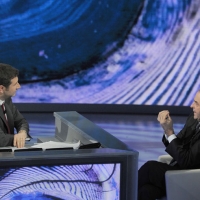Foto Nicoloro G. 05/03/2011 Milano Trasmissione televisiva su Rai3 " Che tempo che fa " condotta da Fabio Fazio. nella foto Fabio Fazio – Antonio Di Pietro