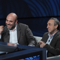 Foto Nicoloro G. 09/04/2011 Milano Trasmissione televisiva su Rai3 " Che tempo che fa " condotta da Fabio Fazio. nella foto Paolo Virzì – Silvio Orlando