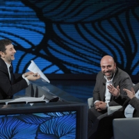 Foto Nicoloro G. 09/04/2011 Milano Trasmissione televisiva su Rai3 " Che tempo che fa " condotta da Fabio Fazio. nella foto Fabio Fazio – Paolo Virzì – Silvio Orlando