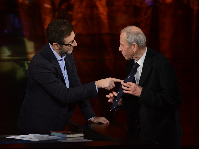 Foto Nicoloro G. 10-01-2016 Milano Trasmissione televisiva su Rai 3 ' Che tempo che fa '. nella foto Fabio Fazio e l' ex tennista e giornalista Gianni Clerici.