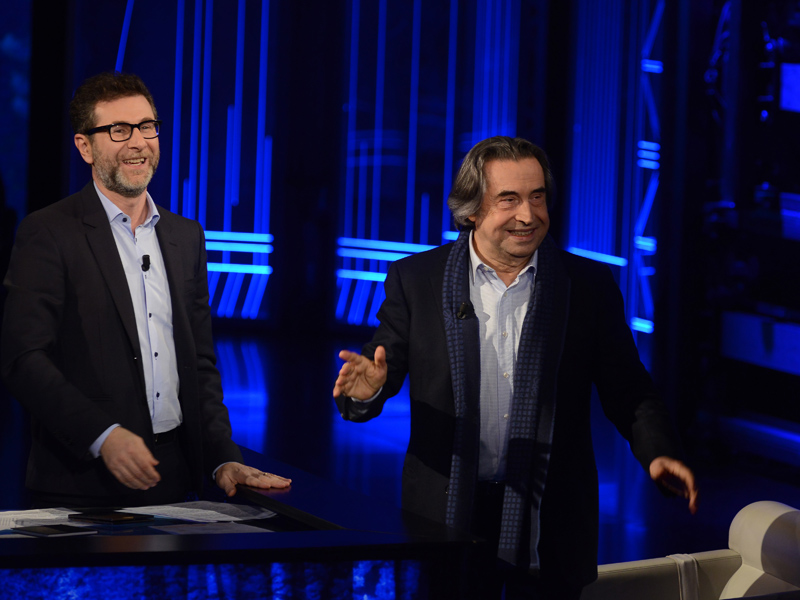 Foto Nicoloro G. 10-01-2016 Milano Trasmissione televisiva su Rai 3 ' Che tempo che fa '. nella foto Fabio Fazio e il maestro Riccardo Muti.