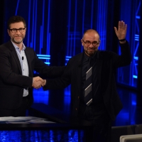 Foto Nicoloro G. 10-01-2016 Milano Trasmissione televisiva su Rai 3 \' Che tempo che fa \'. nella foto Fabio Fazio e il regista Giuseppe Tornatore.