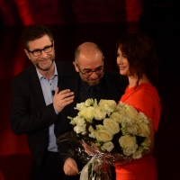 Foto Nicoloro G. 10-01-2016 Milano Trasmissione televisiva su Rai 3 ' Che tempo che fa '. nella foto Fabio Fazio, il regista Giuseppe Tornatore e l' attrice Olga Kurylenko.