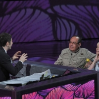 Foto Nicoloro G. 10/04/2011 Milano Trasmissione televisiva su Rai3 " Che tempo che fa " condotta da Fabio Fazio. nella foto Fabio Fazio – Gianni Boncompagni – Raffaella Carrà