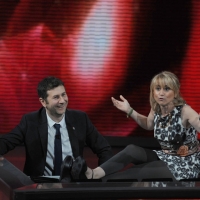 Foto Nicoloro G. 10/04/2011 Milano Trasmissione televisiva su Rai3 " Che tempo che fa " condotta da Fabio Fazio. nella foto Fabio Fazio – Luciana Littizzetto