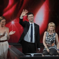 NIKFoto Nicoloro G. 10/04/2011 Milano Trasmissione televisiva su Rai3 " Che tempo che fa " condotta da Fabio Fazio. nella foto Filippa Lagerback – Fabio Fazio – Luciana Littizzetto