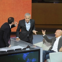 Foto Nicoloro G. 16/10/2011 Milano Trasmissione su Rai3 ” Che tempo che fa ” condotta da Fabio Fazio. nella foto Fabio Fazio – Teo Teocoli – Claudio Bisio
