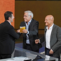 Foto Nicoloro G. 16/10/2011 Milano Trasmissione su Rai3 ” Che tempo che fa ” condotta da Fabio Fazio. nella foto Fabio Fazio – Teo Teocoli – Claudio Bisio