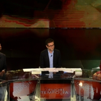 Foto Nicoloro G.   17/10/2015  Milano    Trasmissione televisiva su Rai 3 \' Che fuori tempo che fa \'. nella foto da sinistra Fabio Volo, Fabio Fazio e Margherita Buy.