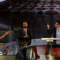 Foto Nicoloro G.   17/10/2015  Milano    Trasmissione televisiva su Rai 3 ' Che fuori tempo che fa '. nella foto da sinistra Geppi Cucciari, Fabio Volo e Fabio Fazio.