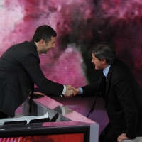 Foto Nicoloro G. 21/01/2012 Milano Trasmissione televisiva su Rai3 " Che tempo che fa " condotta da Fabio Fazio. nella foto Fabio Fazio – Gianni Alemanno
