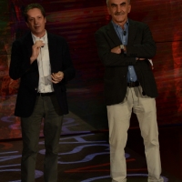 Foto Nicoloro G.   21/02/2015   Milano    Trasmissione televisiva su Rai 3 " Che fuori tempo che f a ". nella foto da sinistra i due critici musicali Ernesto Assante e Gino Castaldo.