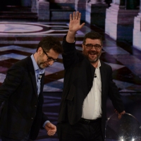 Foto Nicoloro G.   21/02/2015   Milano    Trasmissione televisiva su Rai 3 " Che fuori tempo che f a ". nella foto Fabio Fazio e l' attore Francesco Pannofino.