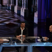Foto Nicoloro G.   21/02/2015   Milano    Trasmissione televisiva su Rai 3 " Che fuori tempo che f a ". nella foto l' attore Francesco Pannofino tra Fabio Fazio e Massimo Gramellini.