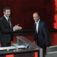 Foto Nicoloro G. 26/11/2011 Milano Trasmissione televisiva su Rai3 " Che tempo che fa " condotta da Fabio Fazio. nella foto Fabio Fazio – Angelino Alfano