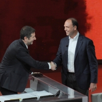 Foto Nicoloro G. 26/11/2011 Milano Trasmissione televisiva su Rai3 " Che tempo che fa " condotta da Fabio Fazio. nella foto Fabio Fazio – Angelino Alfano