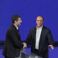 Foto Nicoloro G. 26/11/2011 Milano Trasmissione televisiva su Rai3 " Che tempo che fa " condotta da Fabio Fazio. nella foto Fabio Fazio – Angelino Alfano