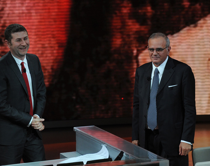 Foto Nicoloro G. 04/03/2012 Milano Trasmissione televisiva su Rai3 ” Che tempo che fa ” condotta da Fabio Fazio. nella foto Fabio Fazio – Attilio Befera