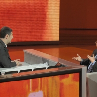 Foto Nicoloro G. 10/12/2011 Milano Trasmissione televisiva su Rai3 " Che tempo che fa " condotta da Fabio Fazio. nella foto Fabio Fazio – Massimo Mucchetti