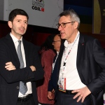 Foto Nicoloro G.   15/03/2023   Rimini   Prima giornata del XIX Congresso Nazionale CGIL dal titolo ' Il lavoro crea il futuro '.   nella foto l' ex ministro Roberto Speranza, a sinistra, e Maurizio Landini.