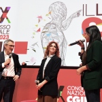 Foto Nicoloro G.   15/03/2023   Rimini   Prima giornata del XIX Congresso Nazionale CGIL dal titolo ' Il lavoro crea il futuro '.   nella foto da sinistra Maurizio Landini, Emma Ruzzon e Ornela Casassa.