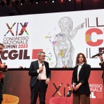 Foto Nicoloro G.   15/03/2023   Rimini   Prima giornata del XIX Congresso Nazionale CGIL dal titolo ' Il lavoro crea il futuro '.   nella foto da sinistra Marco Damilano, Maurizio Landini, Emma Ruzzon e Ornela Casassa.