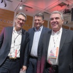 Foto Nicoloro G.   15/03/2023   Rimini   Prima giornata del XIX Congresso Nazionale CGIL dal titolo ' Il lavoro crea il futuro '.   nella foto i tre segretari generali, da sinistra, Maurizio Landini CGIL, Pierpaolo Bombardieri UIL e Luigi Sbarra  CISL.