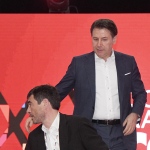 Foto Nicoloro G.   16/03/2023   Rimini   Seconda giornata del XIX Congresso Nazionale CGIL dal titolo \' Il lavoro crea il futuro \'.   nella foto Nicola Fratoianni di Sinistra Italiana, seduto, e Giuseppe Conte di M5S.