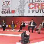 Foto Nicoloro G.   16/03/2023   Rimini   Seconda giornata del XIX Congresso Nazionale CGIL dal titolo \' Il lavoro crea il futuro \'.   nella foto da sinistra Maurizio Landini, Lucia Annunziata, Elly Schlein, Nicola Fratoianni, Giuseppe Conte e Carlo Calenda.