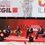 Foto Nicoloro G.   16/03/2023   Rimini   Seconda giornata del XIX Congresso Nazionale CGIL dal titolo \' Il lavoro crea il futuro \'.   nella foto da sinistra Maurizio Landini, Lucia Annunziata, Elly Schlein, Nicola Fratoianni, Giuseppe Conte e Carlo Calenda.