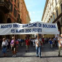 Foto Nicoloro G.  02/08/2014  Bologna    34esimo anniversario della strage alla stazione di Bologna. nella foto uno striscione lungo il corteo.