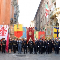 Foto Nicoloro G.  02/08/2015   Bologna   Trentacinquesimo anniversario della strage alla stazione di Bologna. nella foto striscioni, bandiere e gonfaloni lungo il corteo.